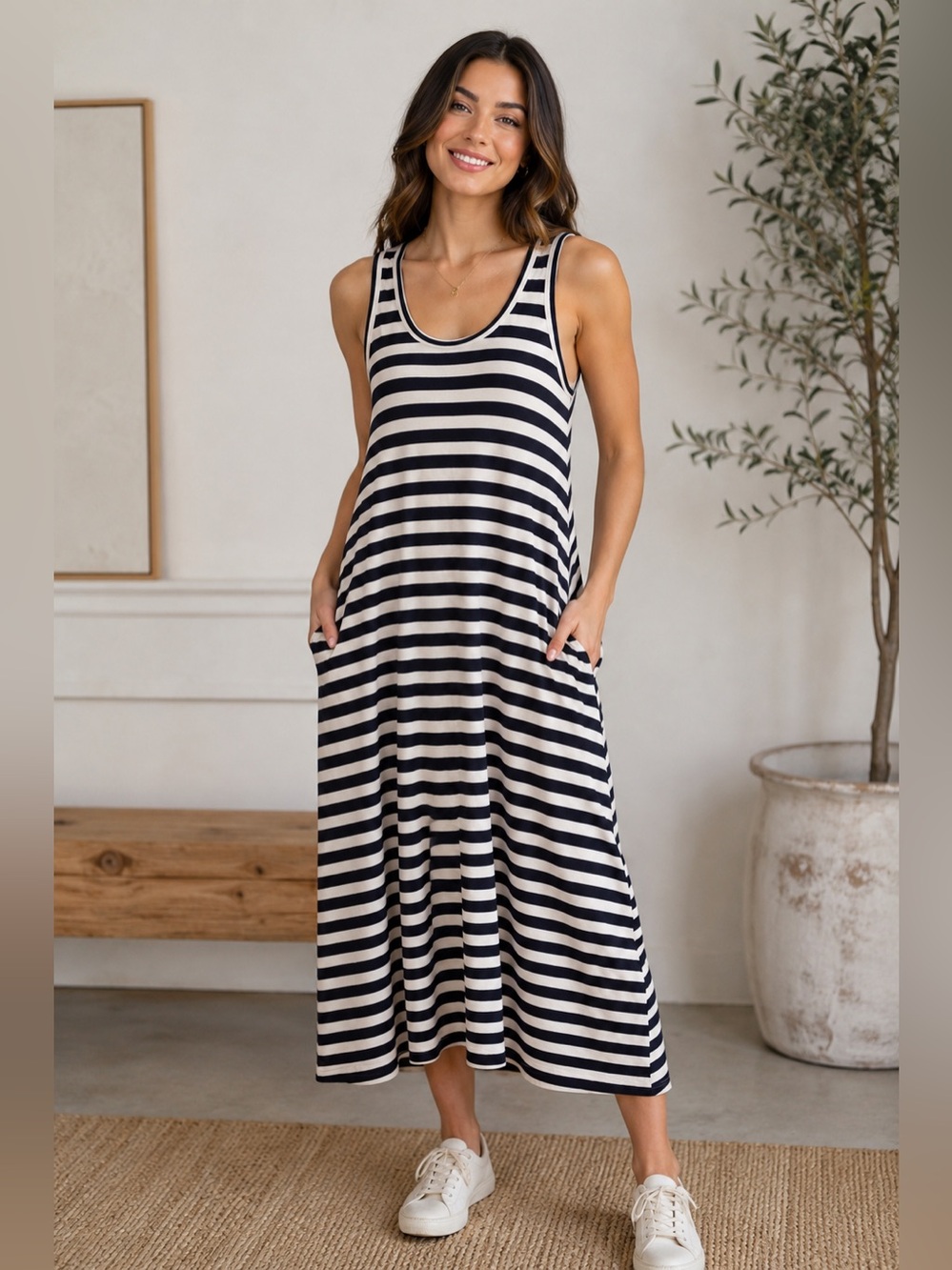 Gap Women's Sleeveless Navy and White French Striped Tank Dress Relaxed
